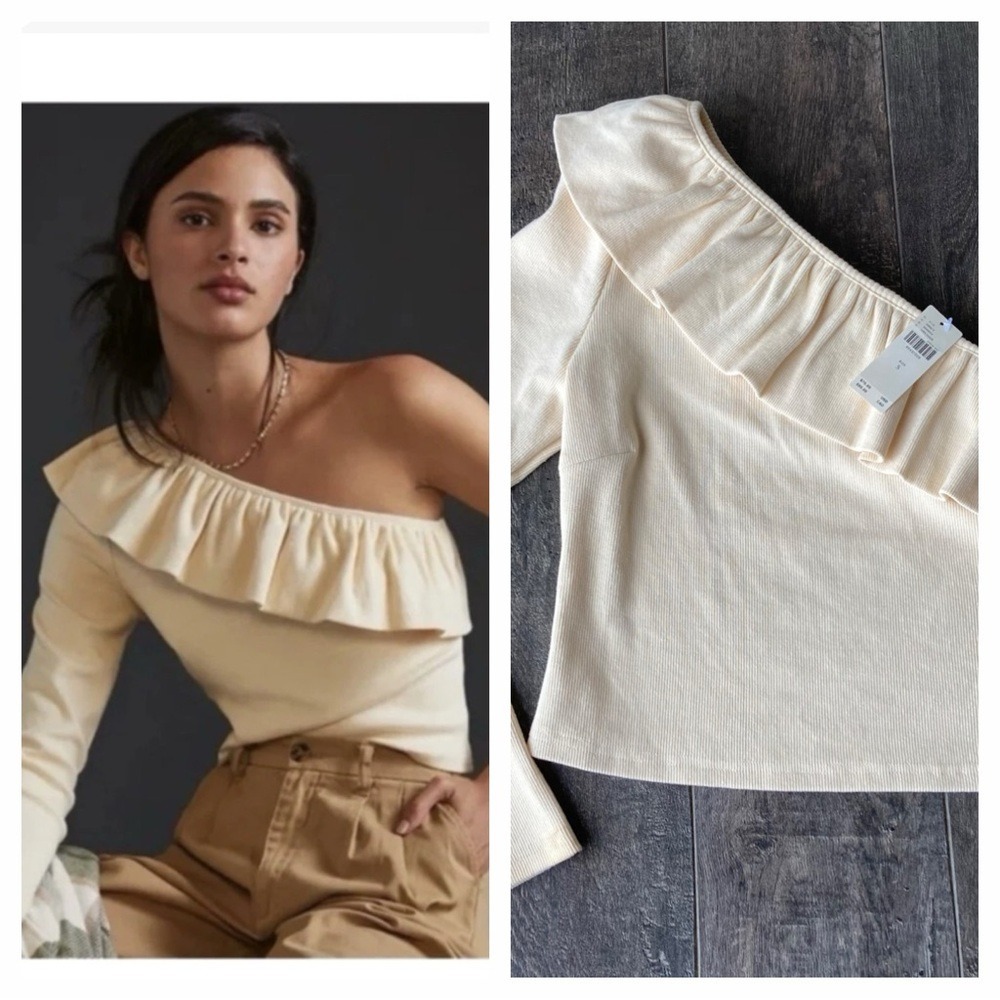 Anthropologie Ivory Ruffle One Shoulder Ribbed Long Sleeve Top Ivory S‎ NEW